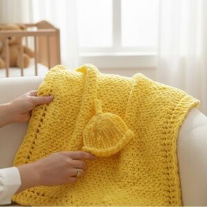 Hand Crafted Baby Blanket Hat Set Yellow Chunky Knit Swaddle Napper Cozy…